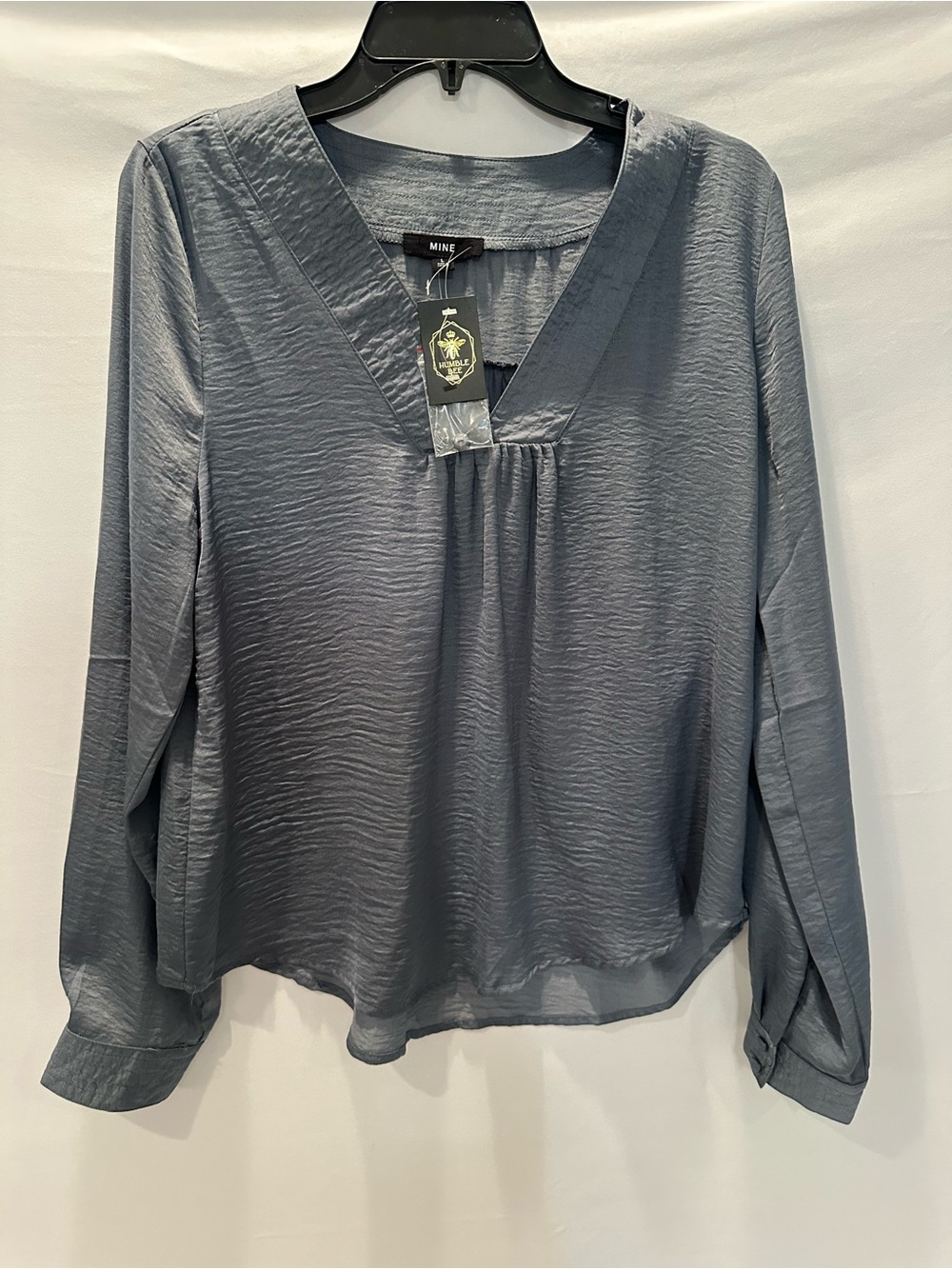 MINE Slate Gray V-Neck Textured Long Sleeve Blouse
